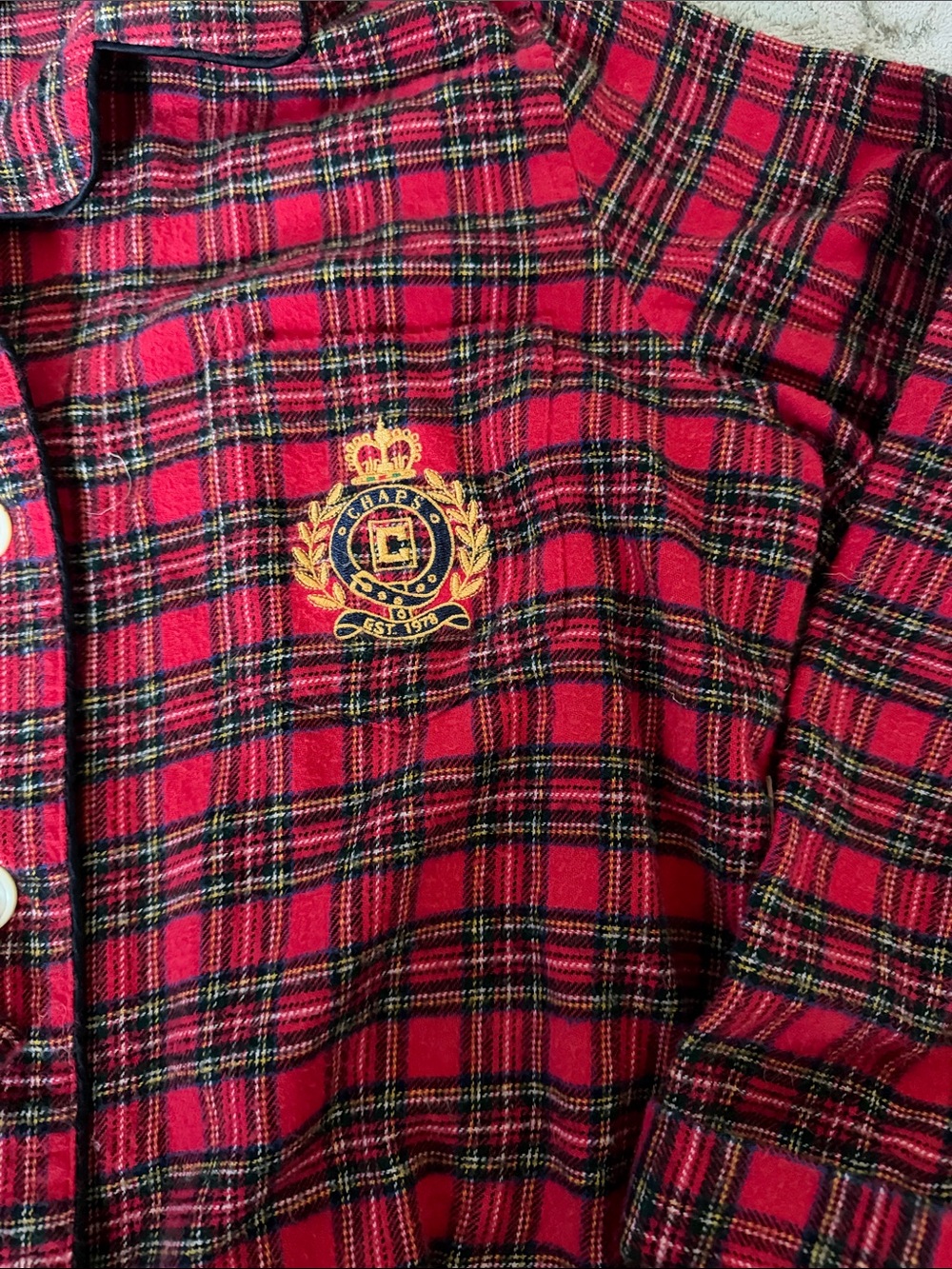 Chaps Red and Black Plaid Button-Down Shirt with Embroidered Crest - Picture 2 of 3